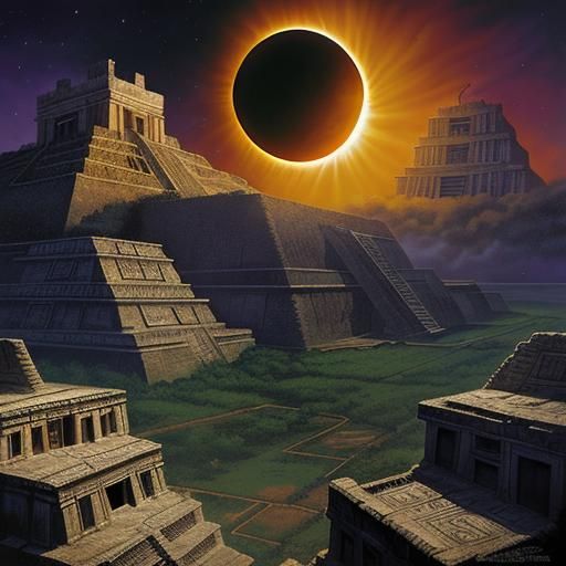 Solar Eclipse Over Mayan City in Comic Art Style