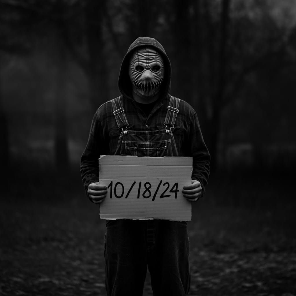 Sinister Masked Man with Sign in Black and White