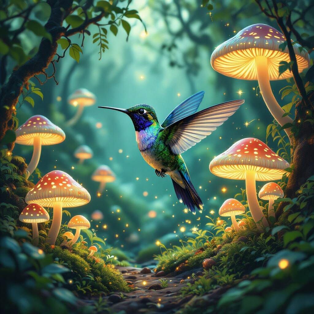 Bioluminescent Hummingbird in a Glowing Mushroom Grove