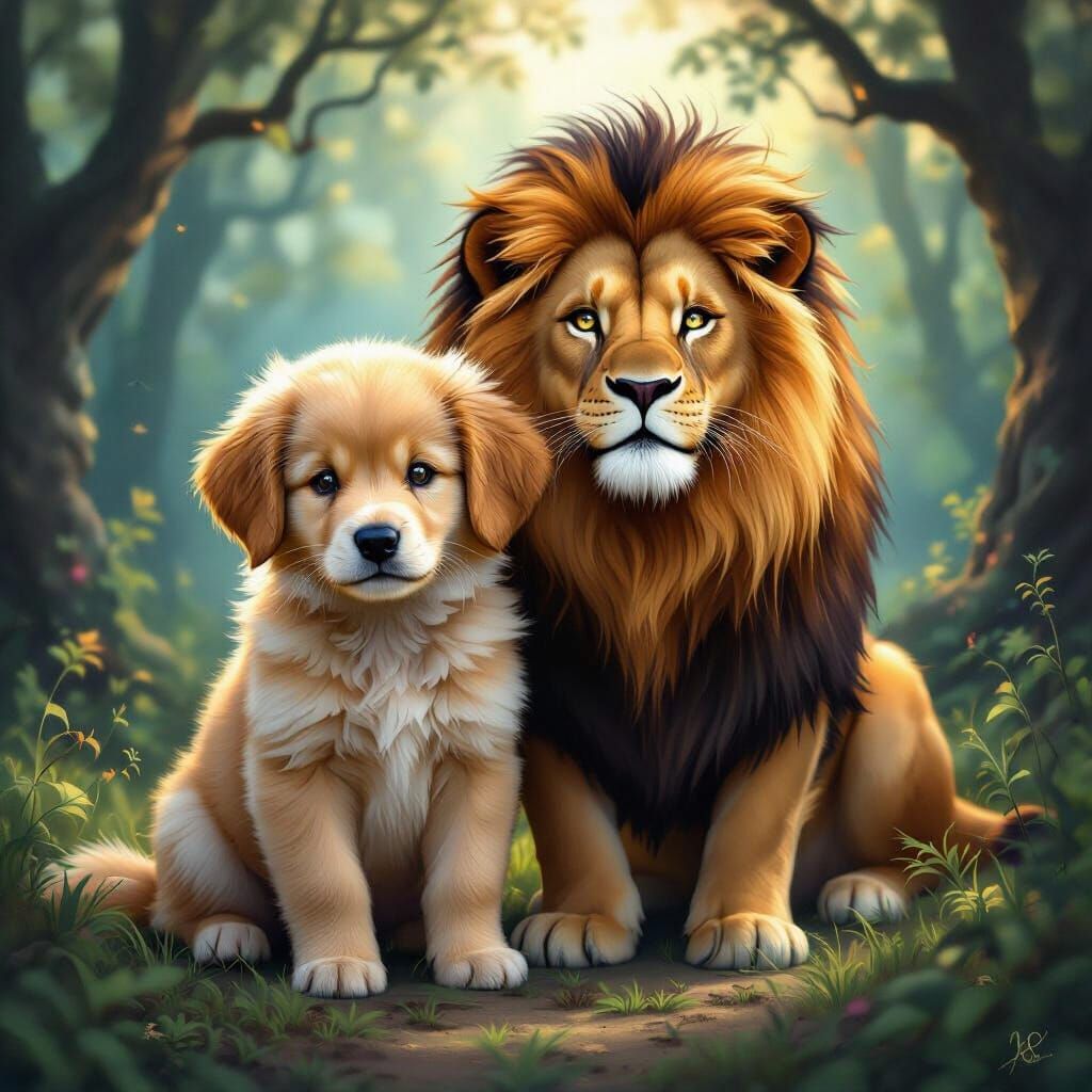 Surreal Dog-Lion Hybrid in Mystical Forest