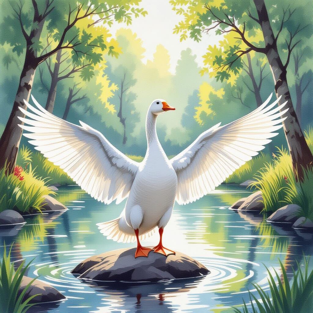 White Goose Spreading Wings in Watercolour Painting
