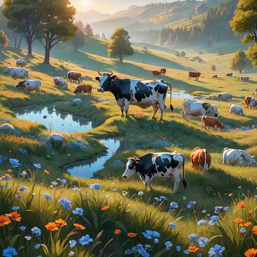 Pastoral Meadow with Grazing Cows: Fantasy Concept Art