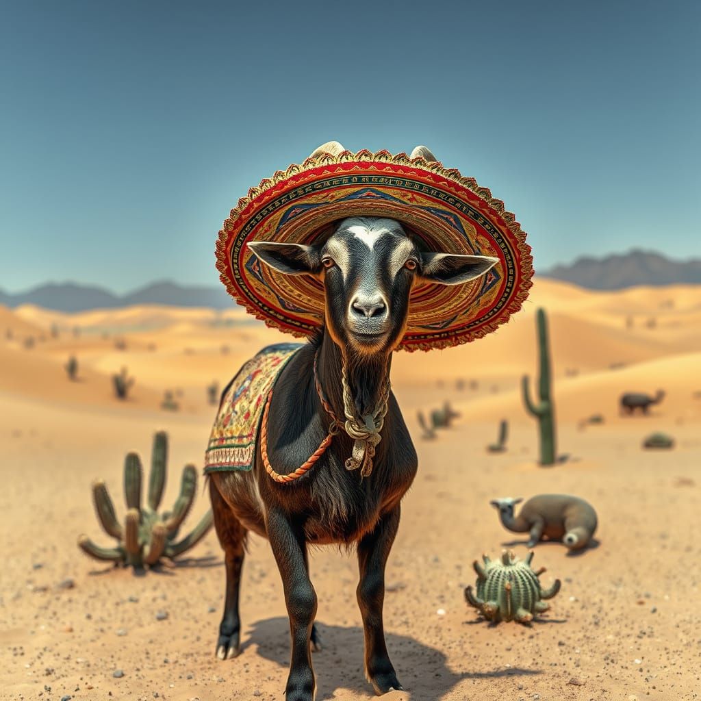 Goat in Sombrero in Surreal Desert Landscape