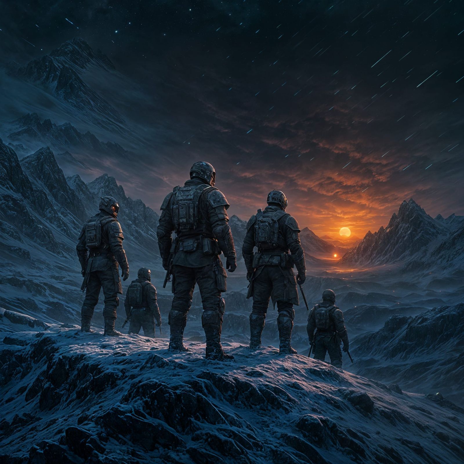 Epic Alien World with Resilient Soldiers in Tattered Armor