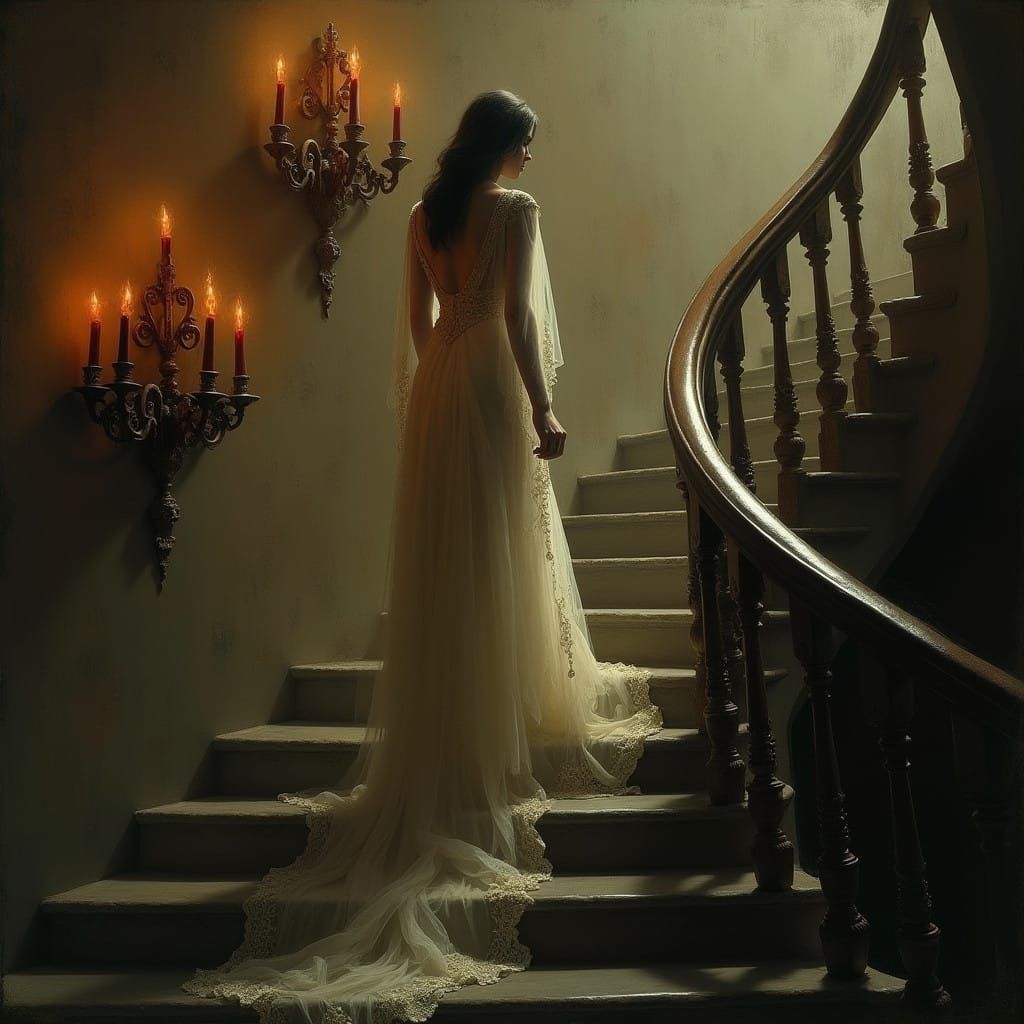 Ethereal Woman Descends Grand Staircase in Mysterious Atmosp...