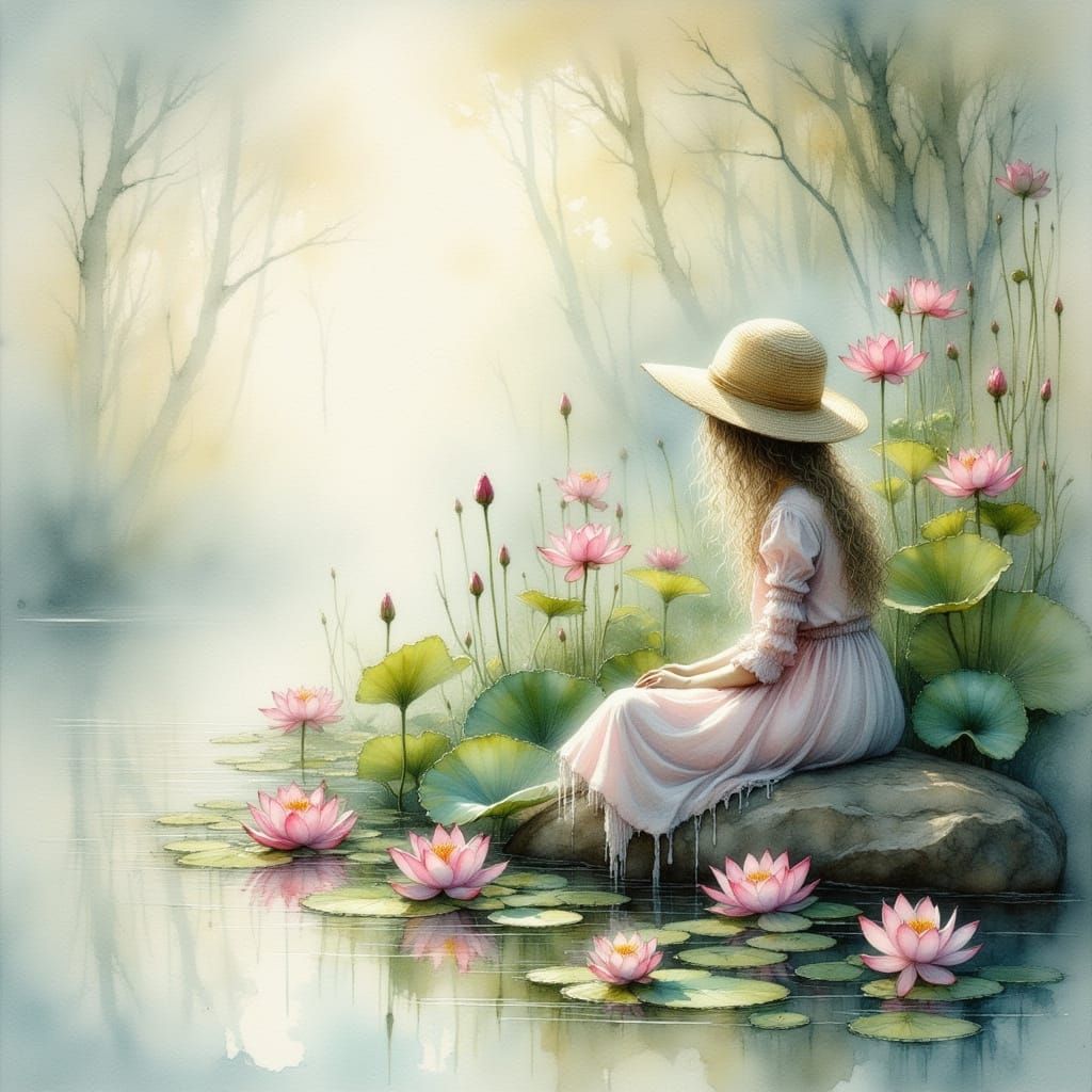 Solitary Figure by Misty Lake with Lotus Blossoms