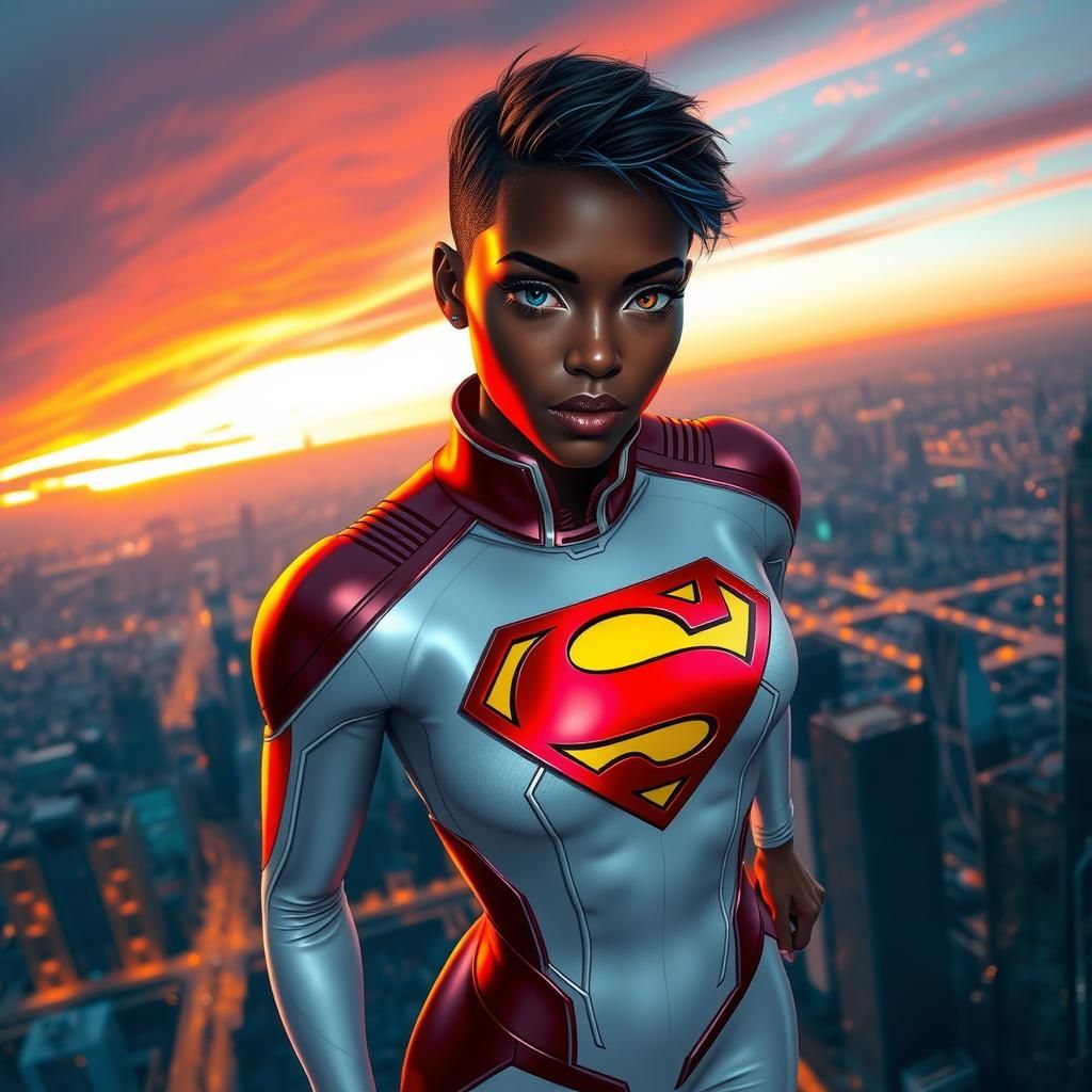 Ebony Woman as Superheroine in Futuristic Cityscape