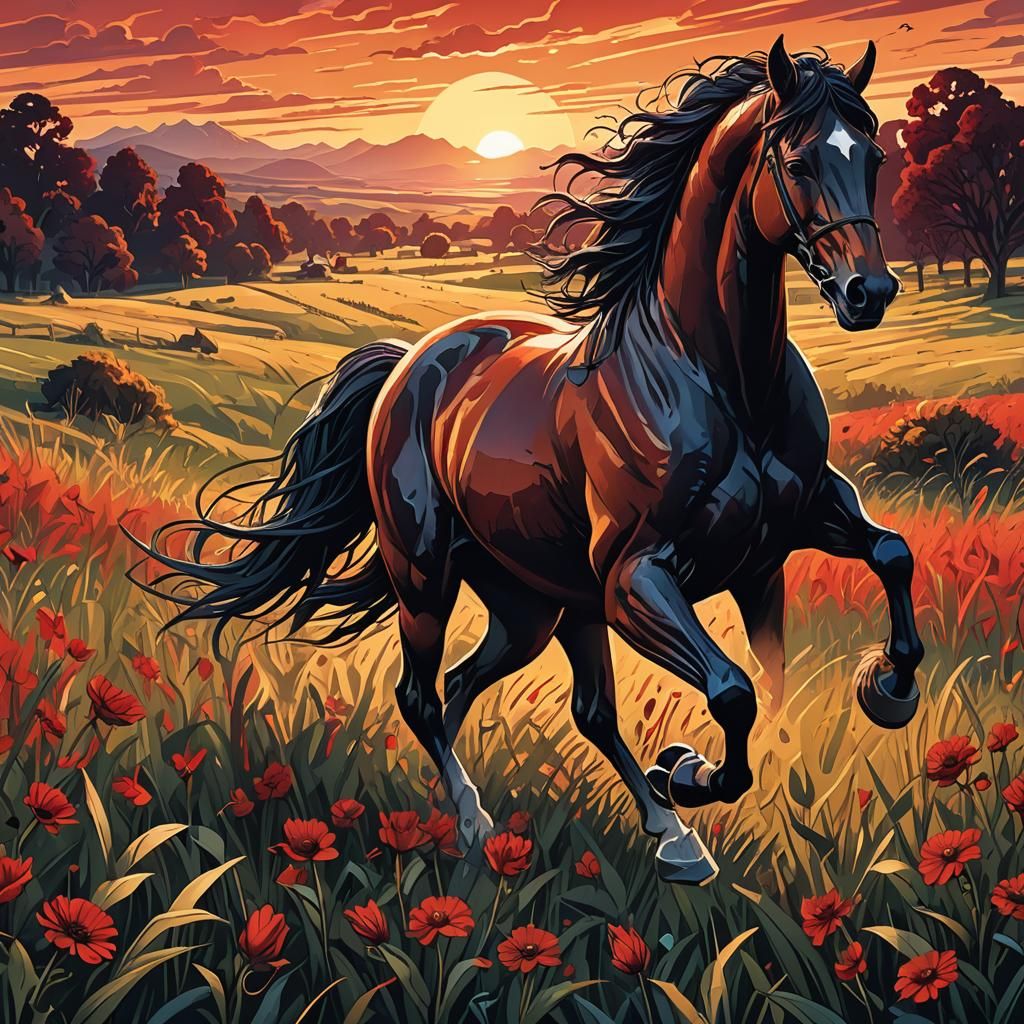 Horse at Sunset: Vector Art Illustration
