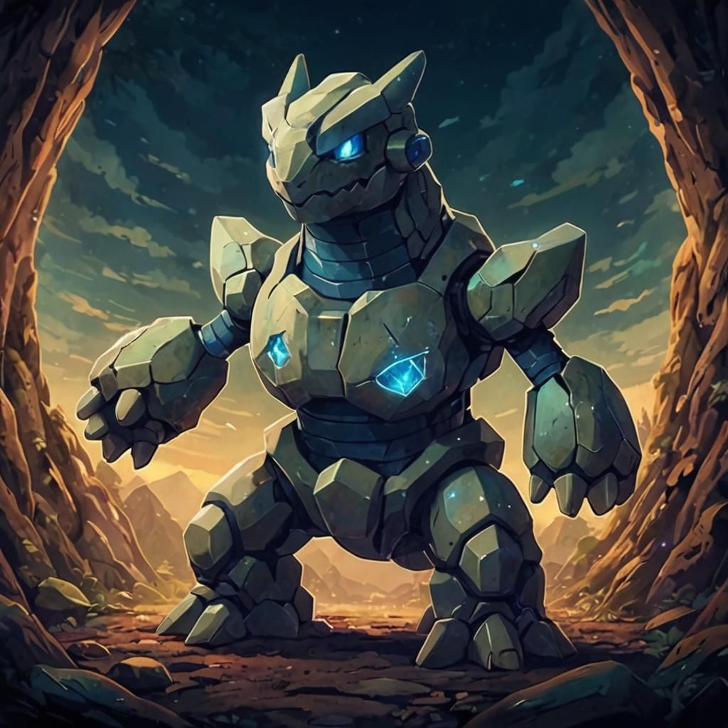 steel rock pokemon with blue eyes; forest background; anime ...