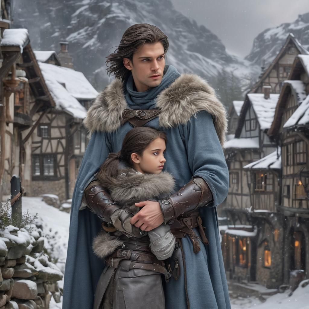 Medieval Father and Daughter in Snowy Village