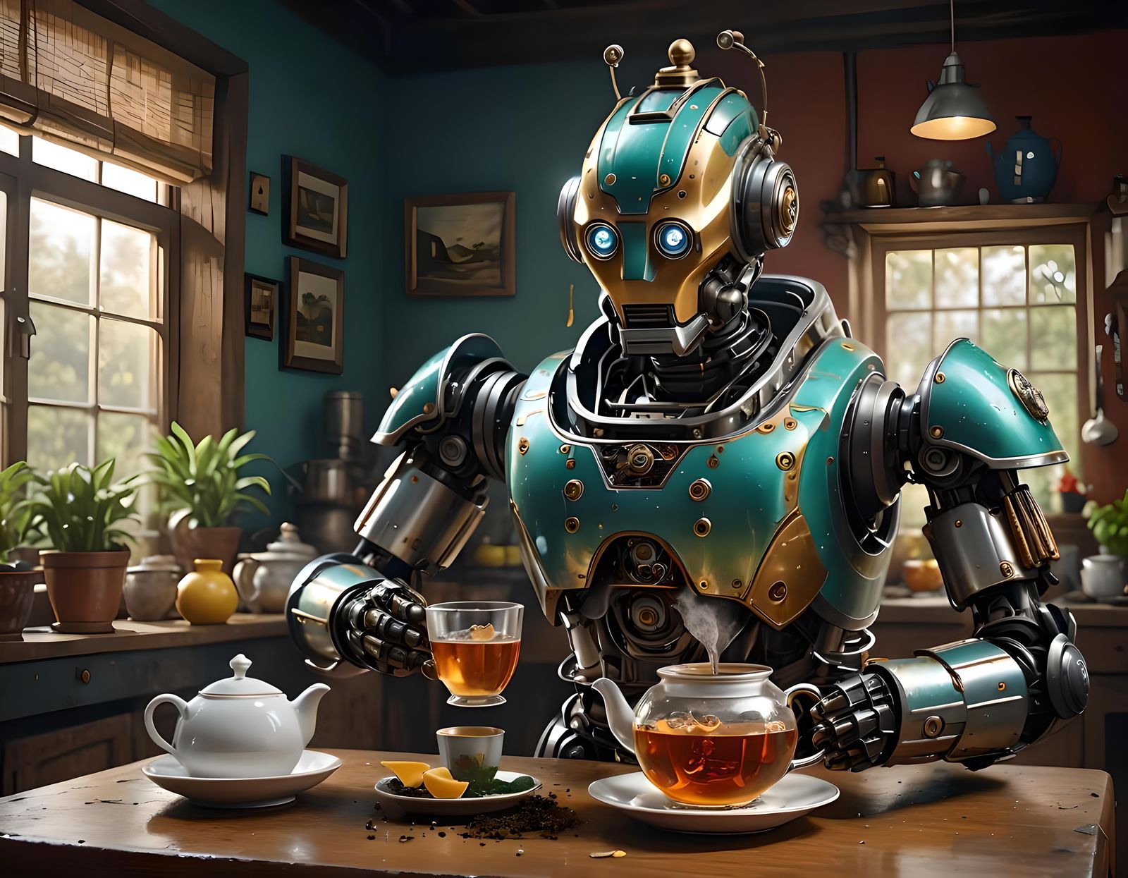 Hyperrealistic Robot Brews Tea: Splash Art Concept