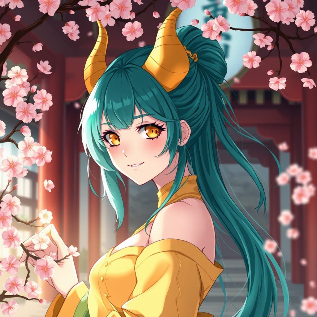 Teal Haired Woman Catching Cherry Blossoms in Shrine