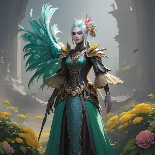 Dragon Peacock Woman with Flowers: Fantasy Art