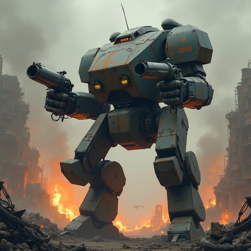 Gritty Mech Ready for Battle in Industrial Ruins