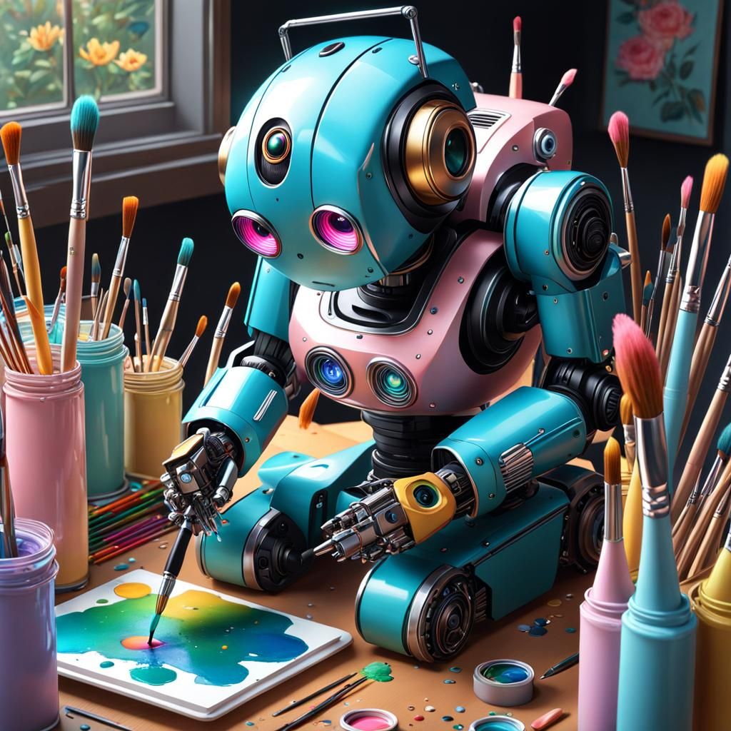 Artist Comforts Robot Friend: Isometric Pen and Ink Drawing