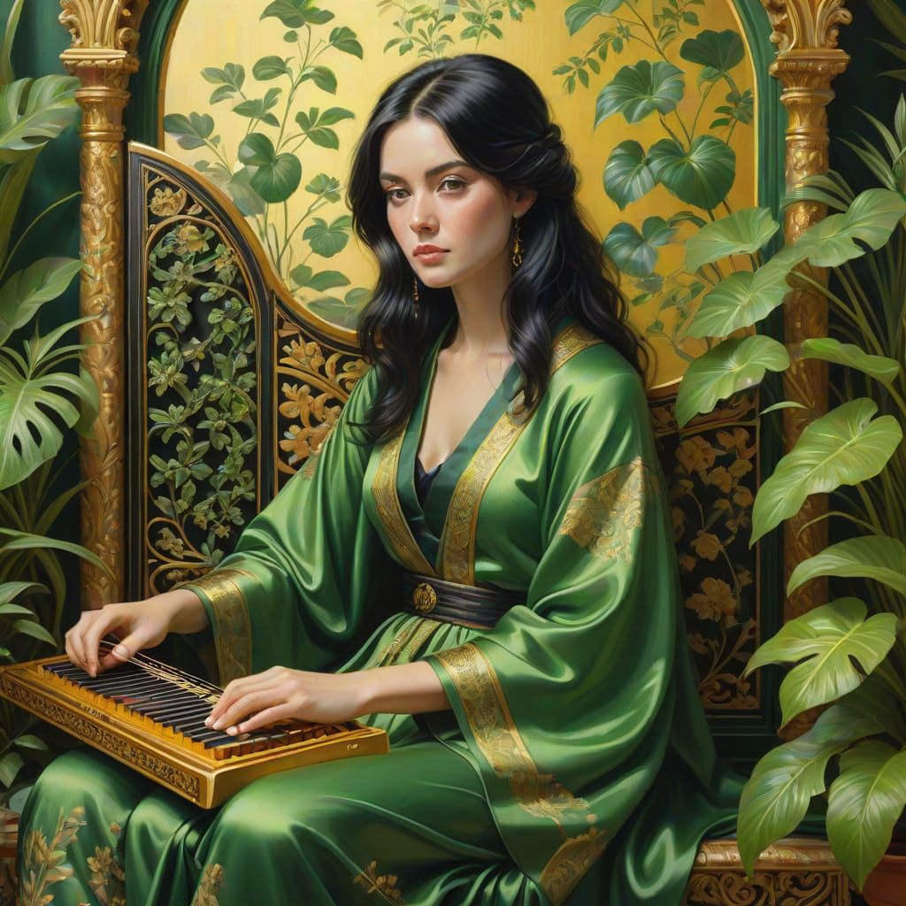 Elegant Woman Plays the Zither Amidst Lush Greenery in Oil P...