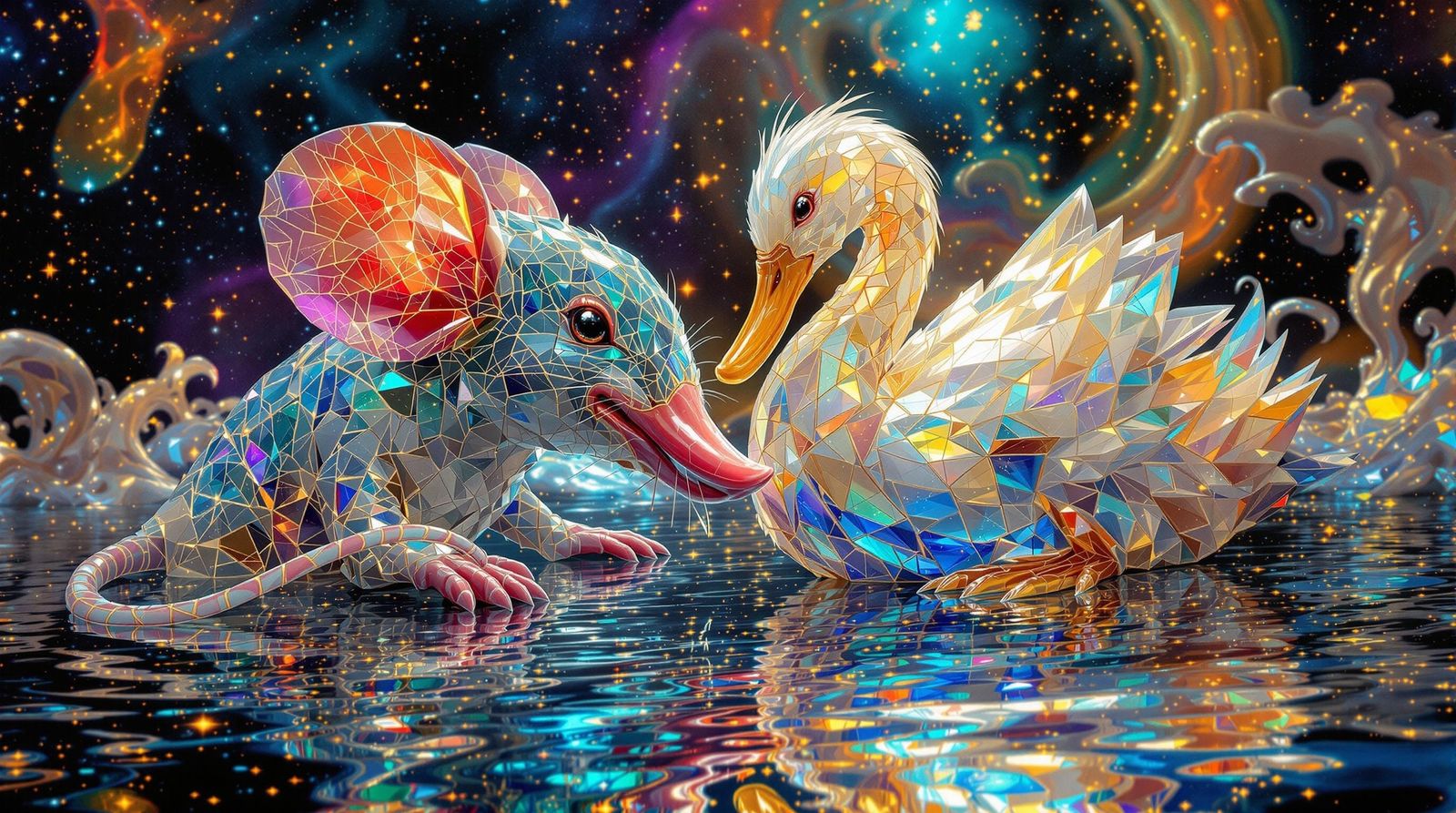 Surreal Duck Enchants Cosmic Realm with Marble Mouse