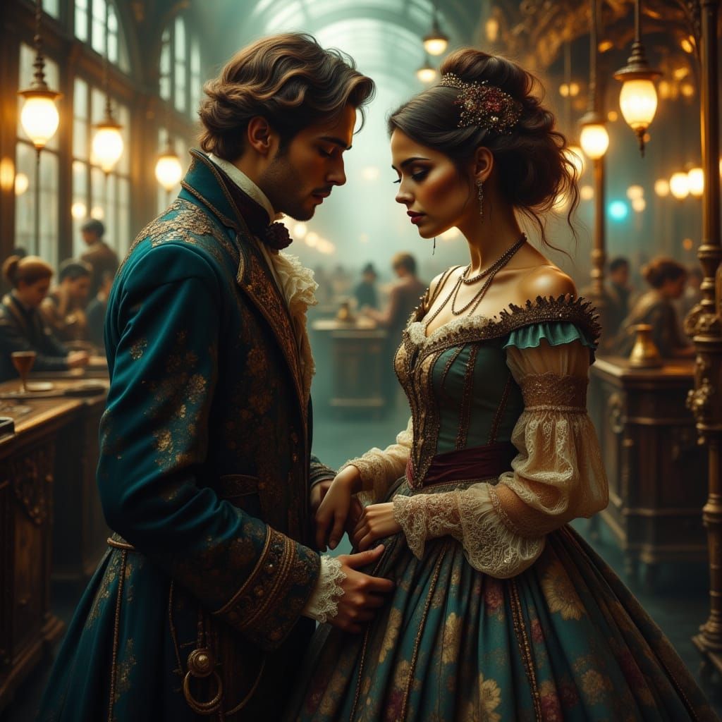 Victorian Couple's Eerie Romance in Steampunk Airport