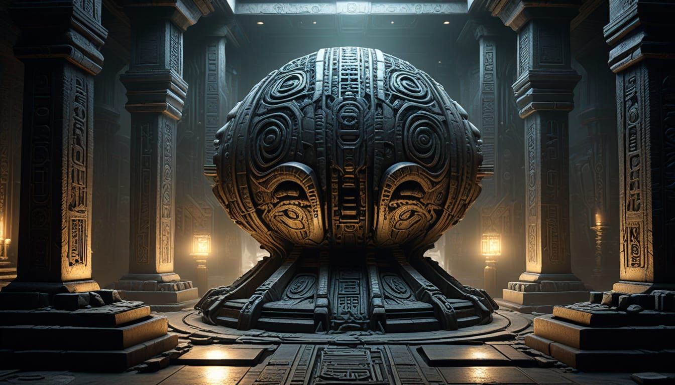 Mysterious Ancient Alien Artifact in Dimly Lit Chamber