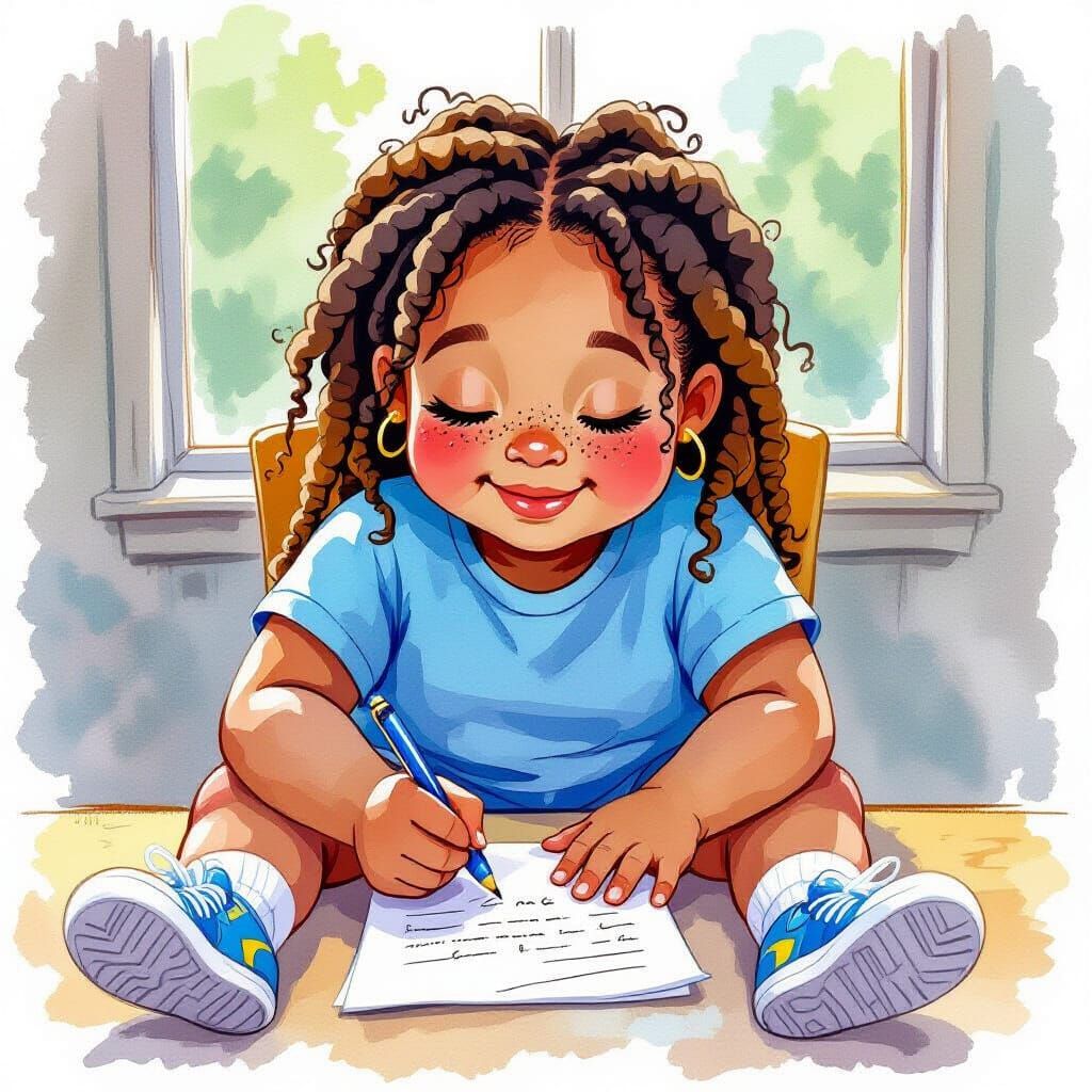 Happy Girl Writing Letters Home, Watercolor Style