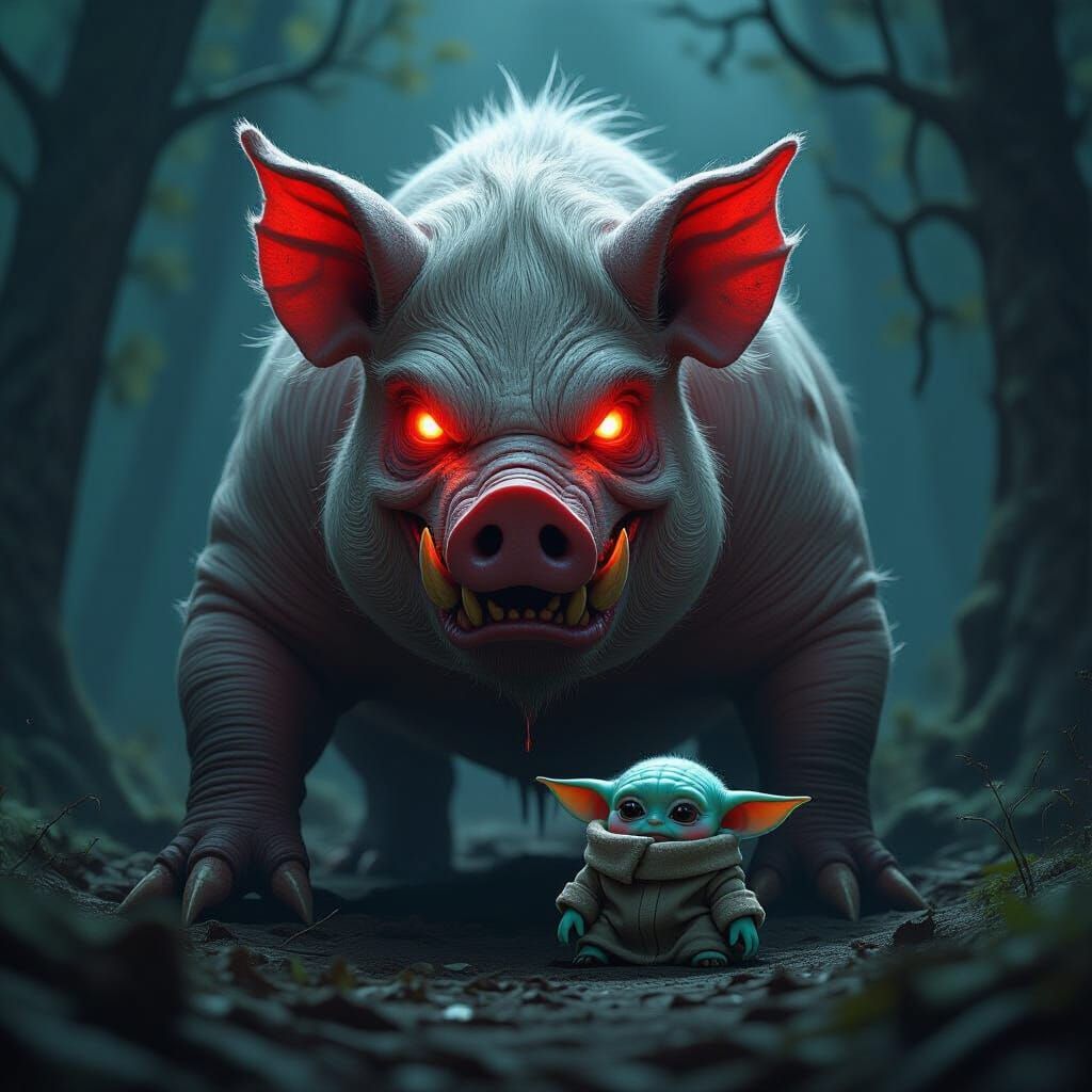 Monstrous Pig Threatens Frightened Grogu in Gothic Horror St...
