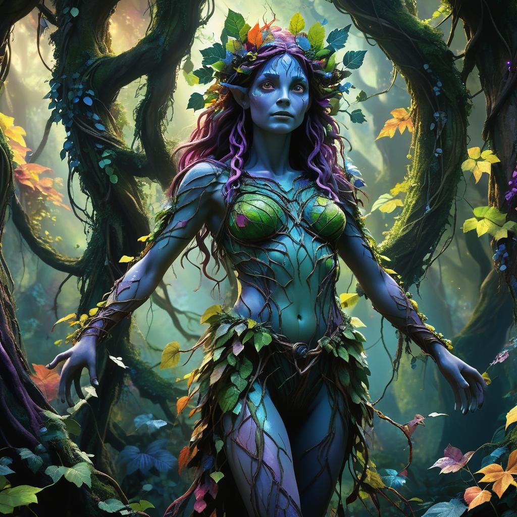Vibrant Dryad in Lush Forest, Fantasy Realism