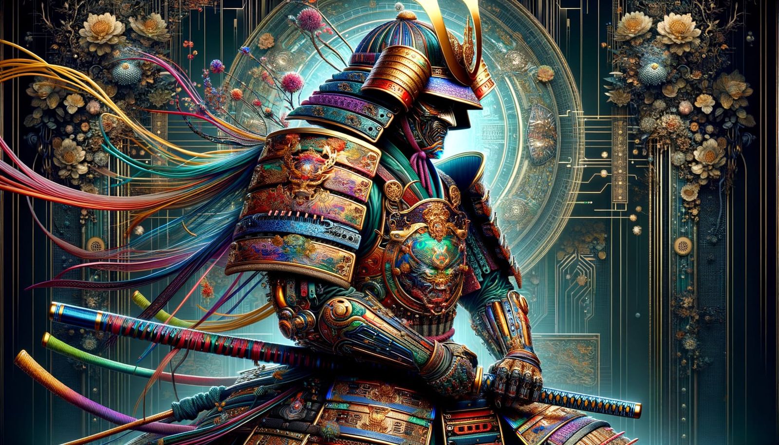 Cyberpunk Samurai with Iridescent Aura