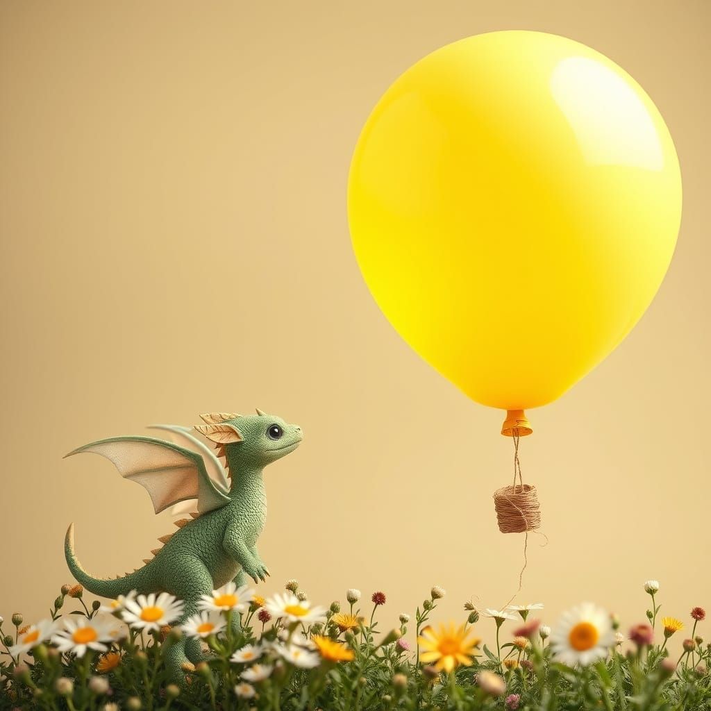 Whimsical Dragon Surprised by Balloon