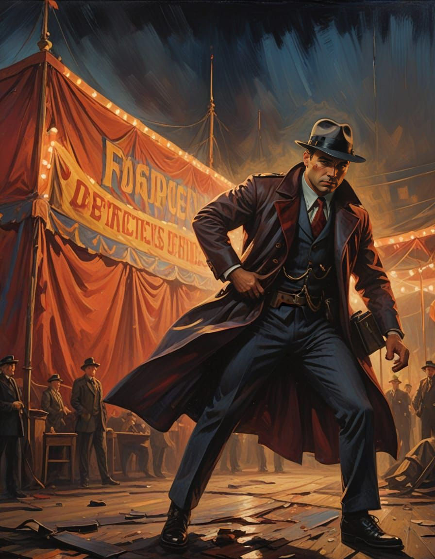 Mysterious Circus Crime Scene in a Dark Noir Painting