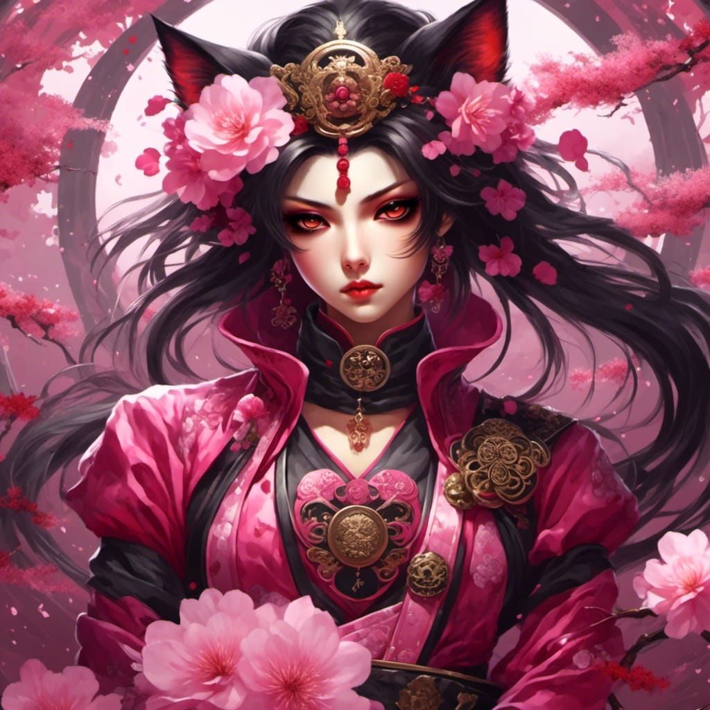 Anime Pink Neko Samurai with Sakura Blossoms