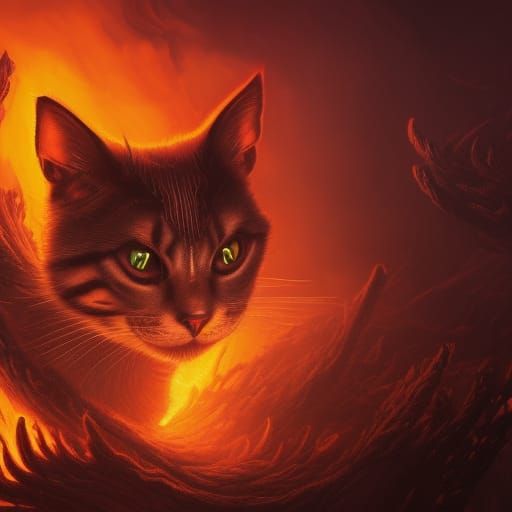 Nightmare Burning Cat in Detailed Matte Painting