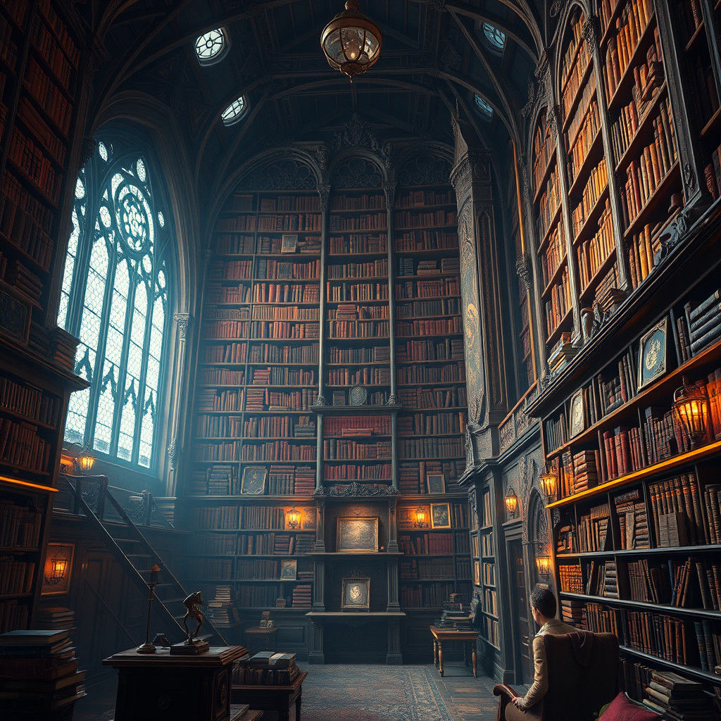 Majestic Library with Ancient Books and Art Brushes