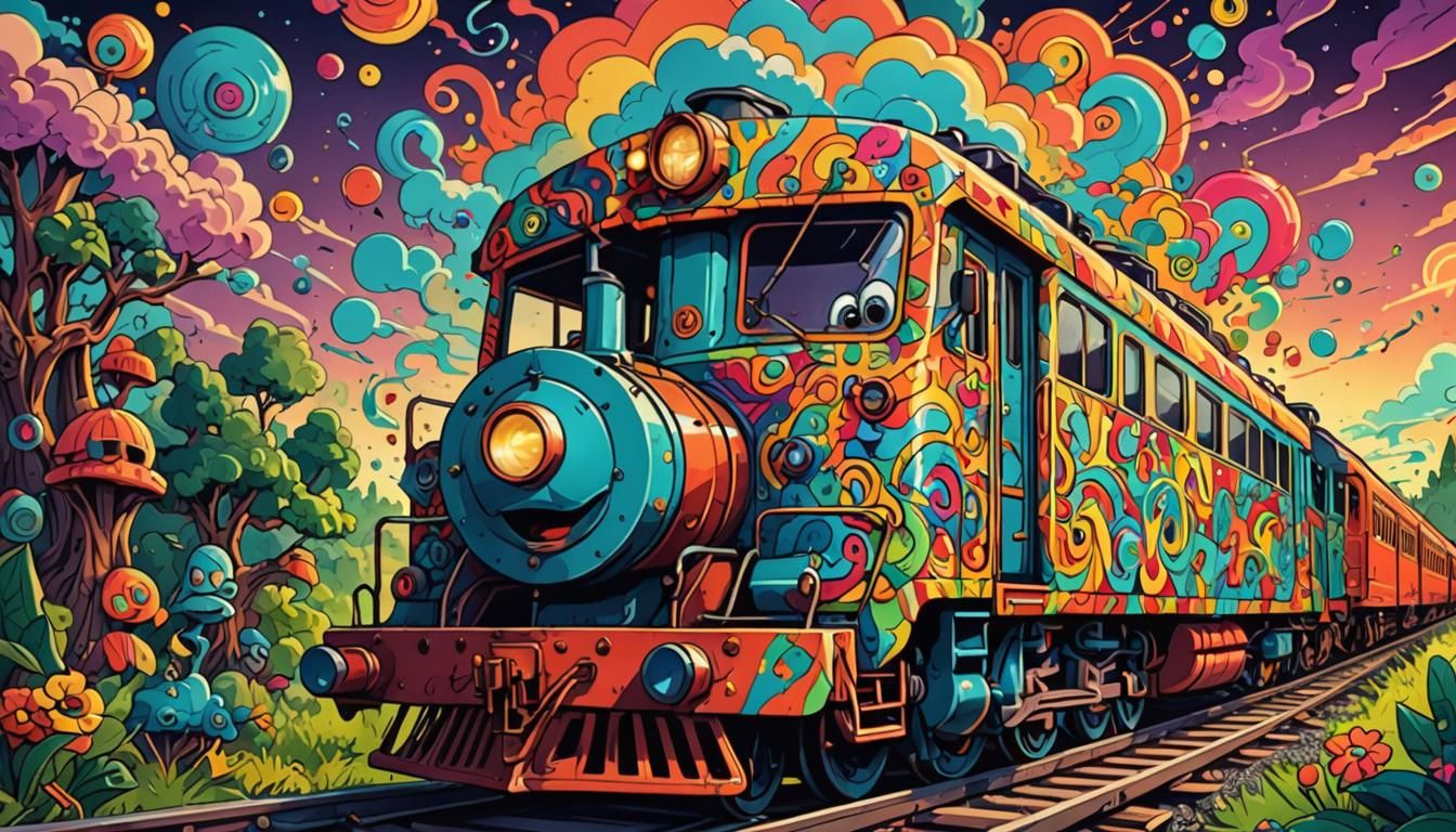 Psychedelic Cartoon Train with a Crazy Face