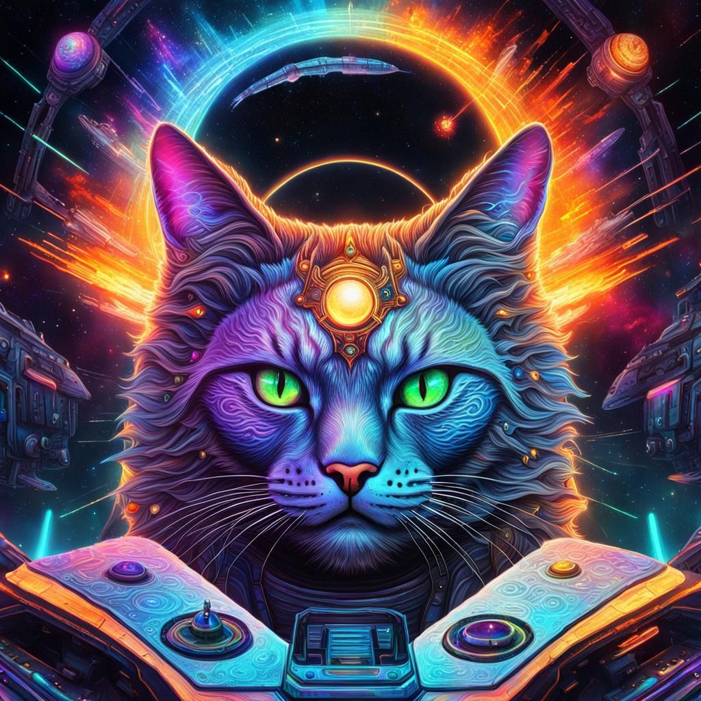 Cybernetic Cat in Spaceship: Psychedelic Digital Art