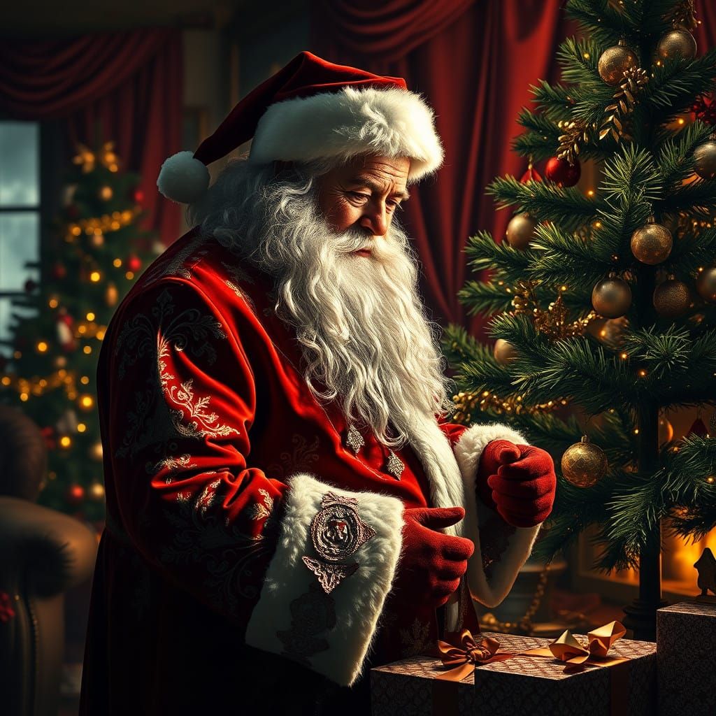 Jovial Santa Claus Places Christmas Gifts Under a Lavishly D...