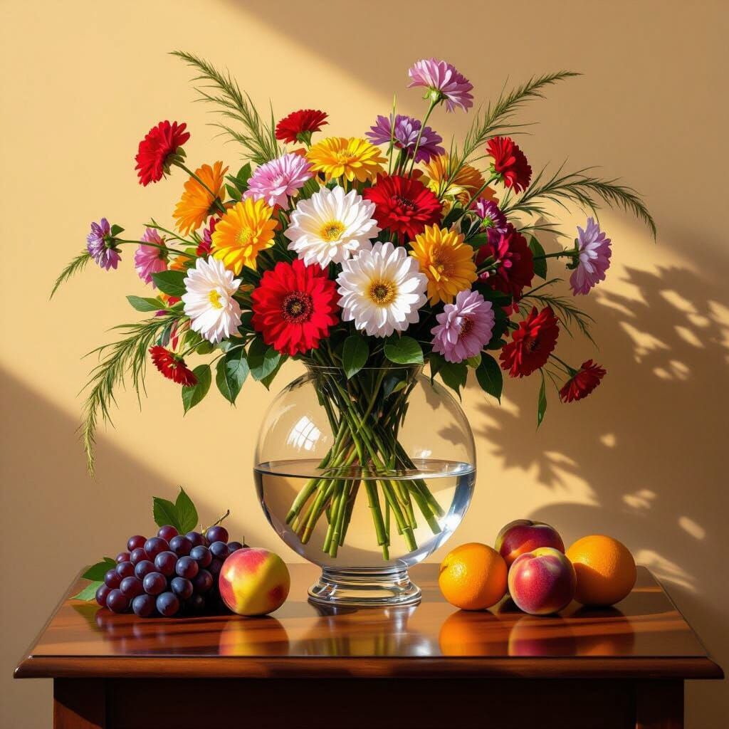Vibrant Still Life With Crystal Vase and Colorful Flowers