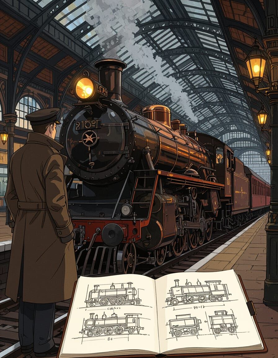 Steampunk Steam Engine in Ornate Victorian Station