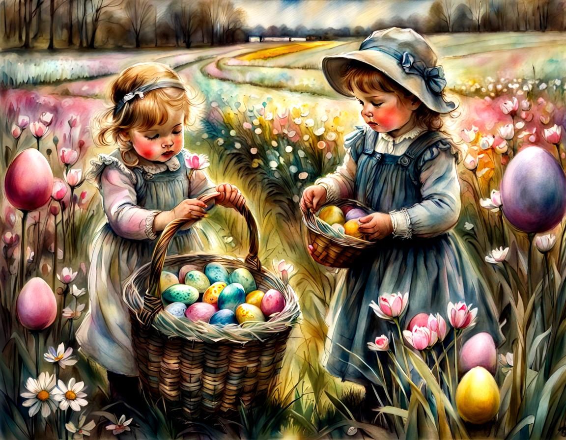 Children's Easter Egg Hunt, Rackham-style Illustration