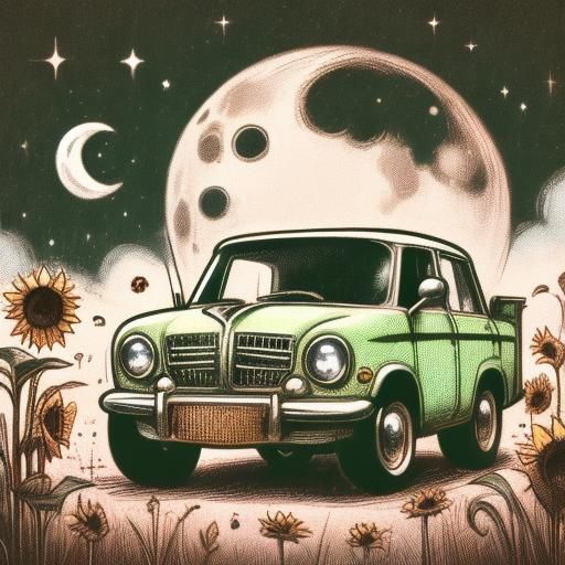 Chibi Clown on Moon with Car: Vintage Sketch