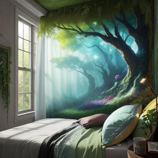 Hyperrealistic Bedroom Inside a Tree with Plants