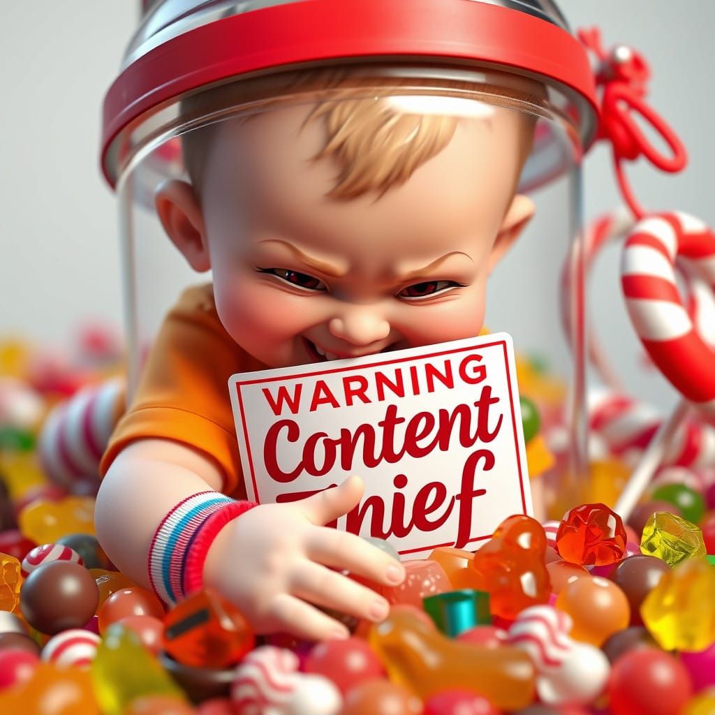 Mischievous Child in a Colorful Candy Jar Scene
