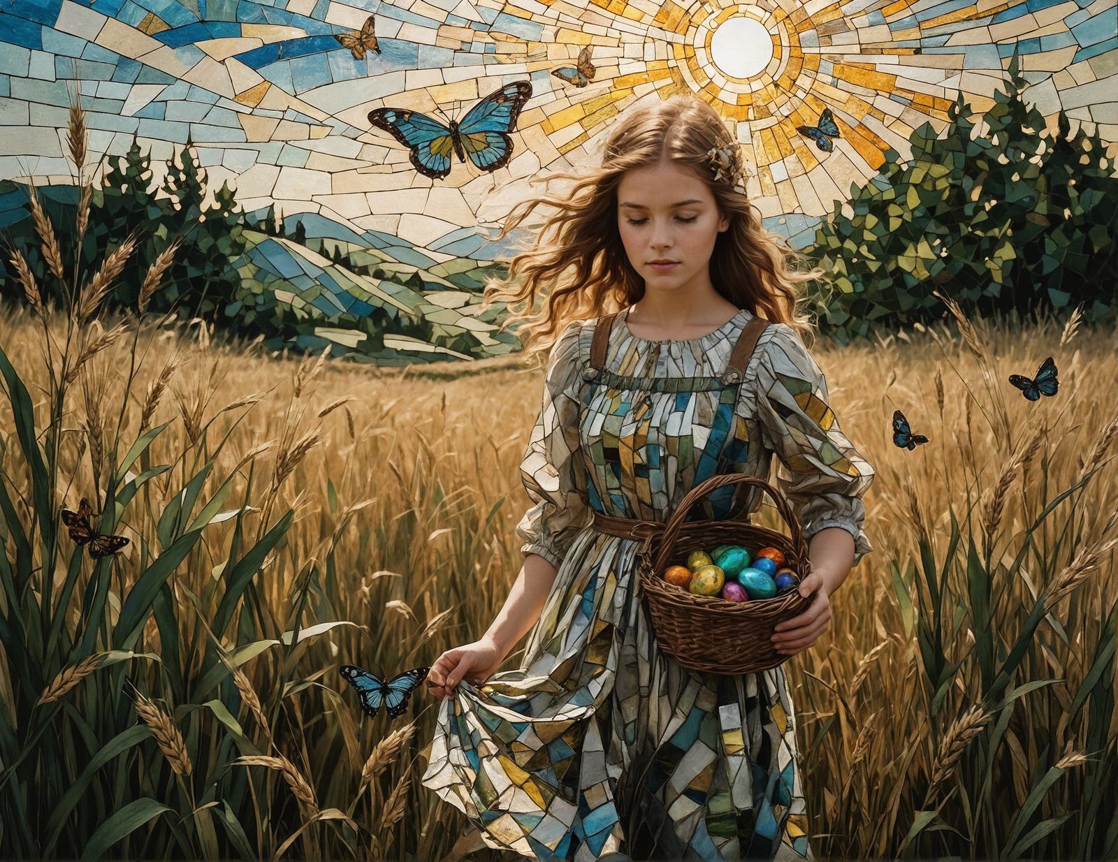Girl with Easter Eggs in Wheat Field, Cubism Art