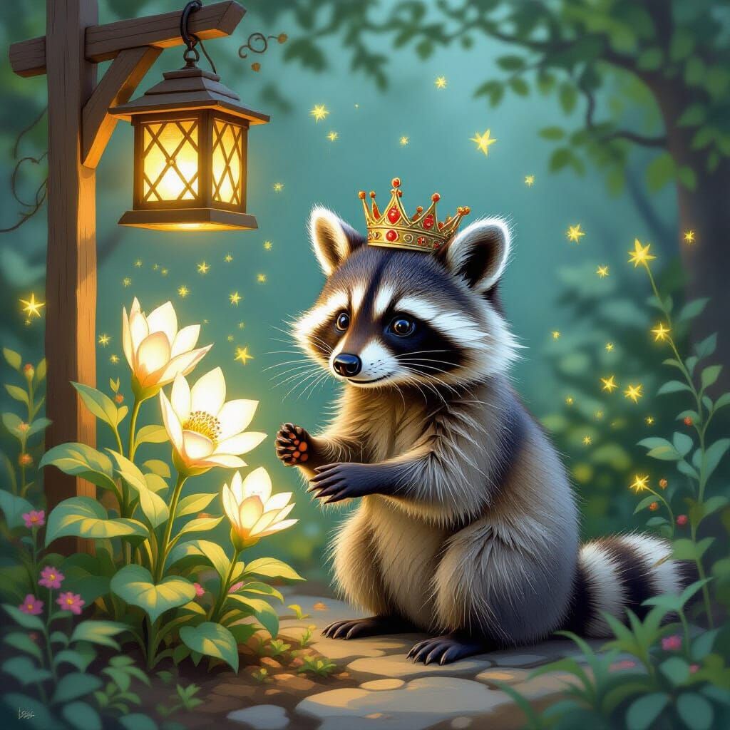 Crowned Raccoon's Glowing Moonflower Garden