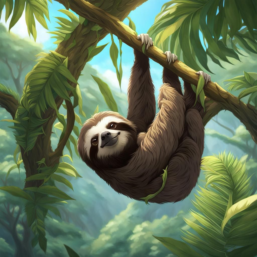 Sloth Hanging Upside Down as 3D Anime Art