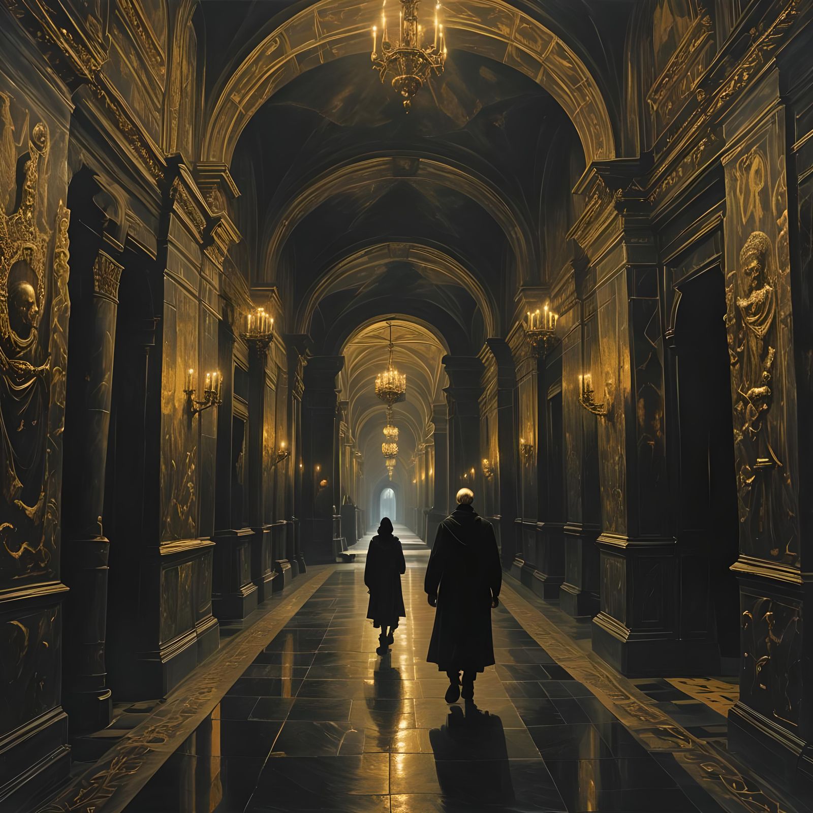 Castle Corridor with Black Marble and Torches