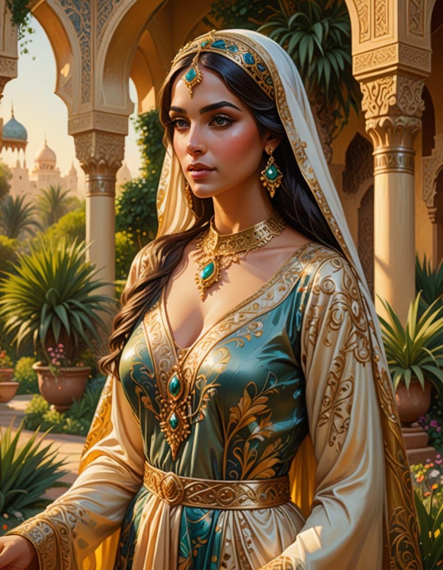 Arabian Princess in Lush Garden: Oil Painting