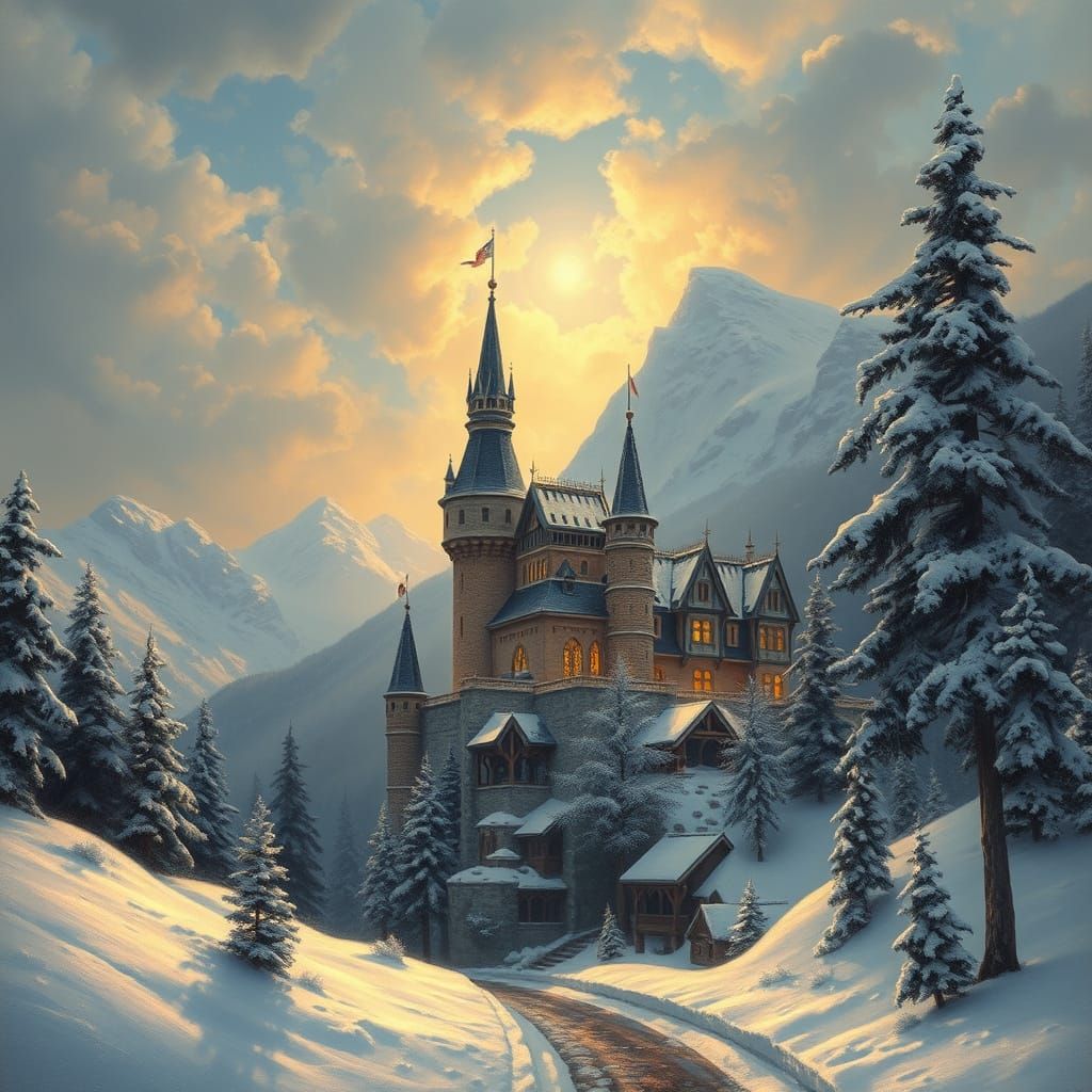 Snowy Mountain Castle in Elegant Gothic Style