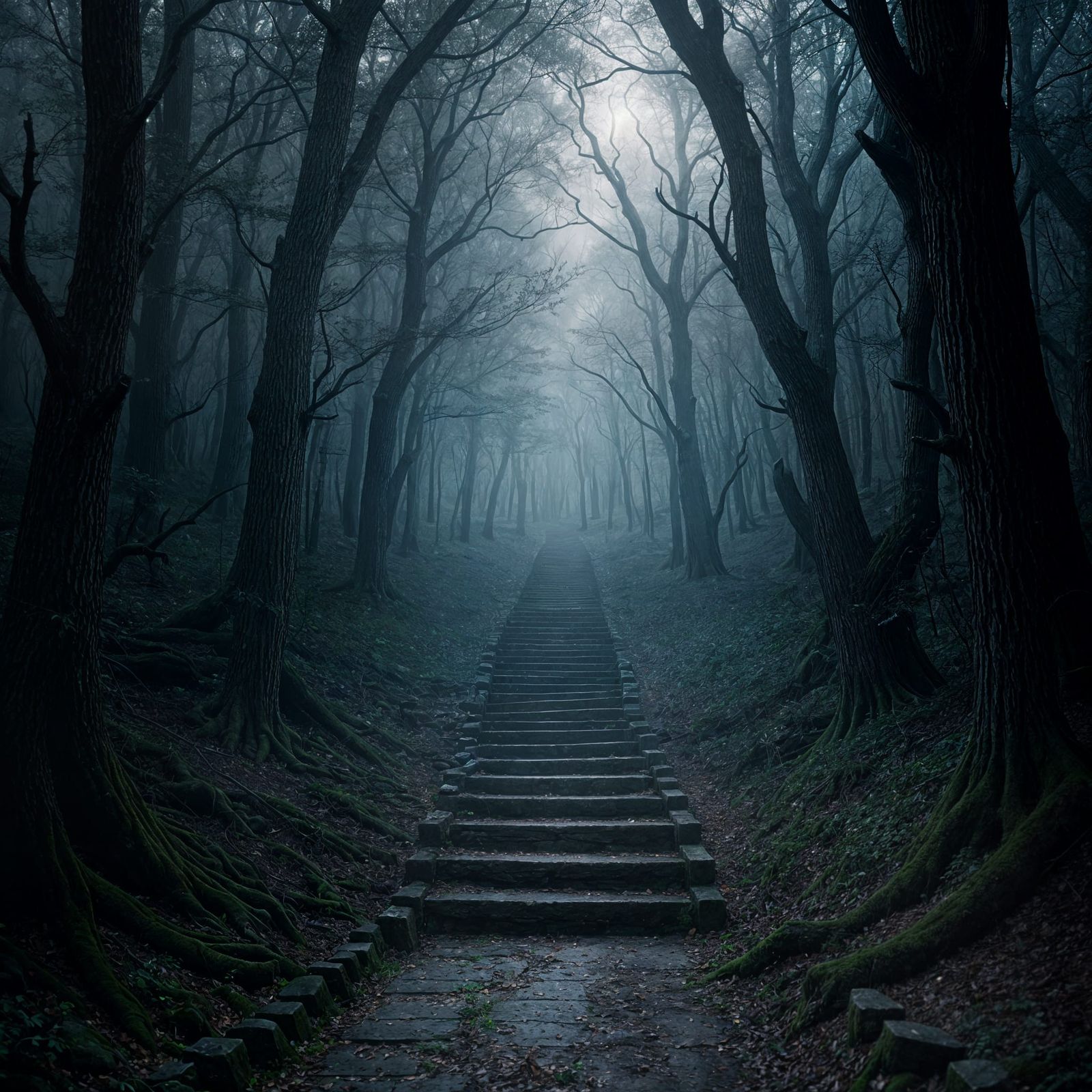 Creepy Stone Staircase in Dangerous Foggy Woods