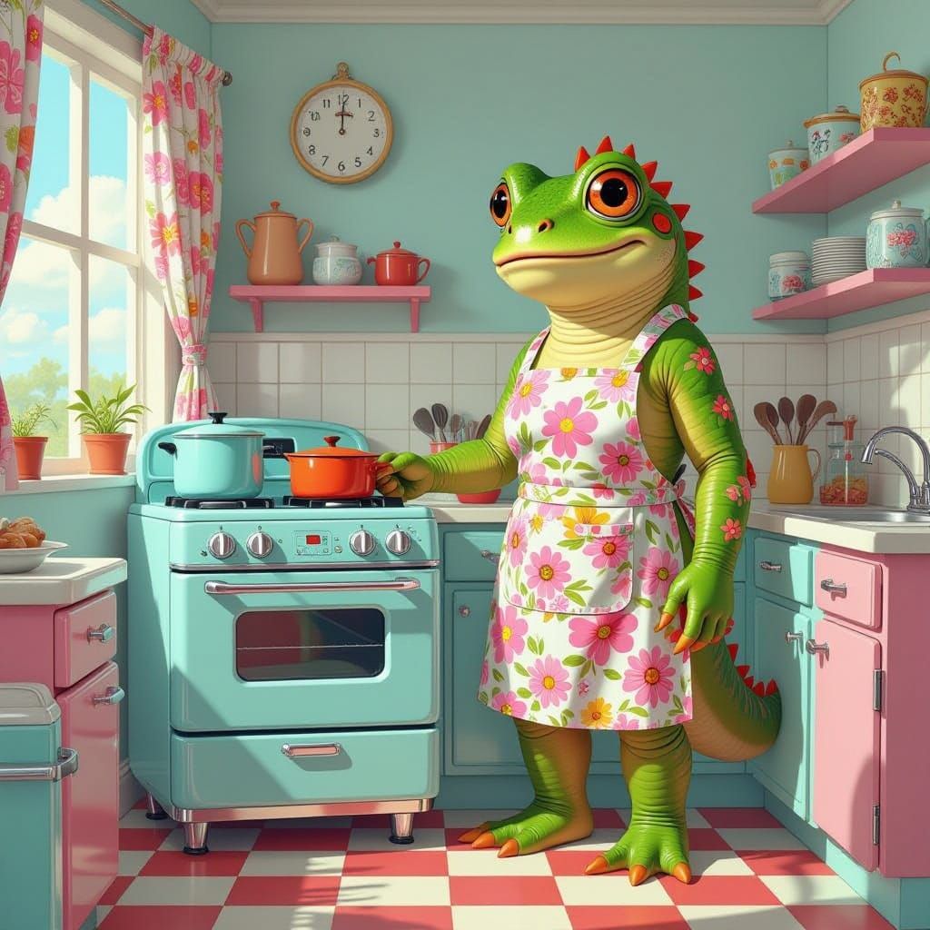 Surreal Kitchen Creature in Whimsical Technicolor Cartoon
