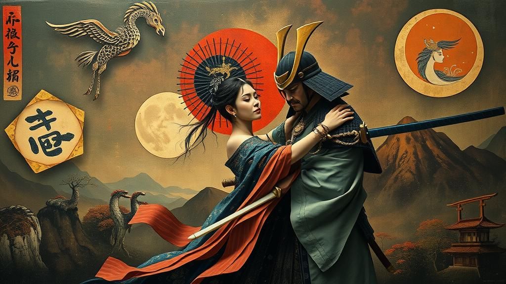 Samurai and Noblewoman Embrace in Surreal Japanese Landscape